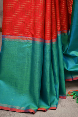 Red-Peacock Green Kanjeevaram Silk Saree