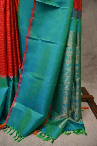 Red-Peacock Green Kanjeevaram Silk Saree