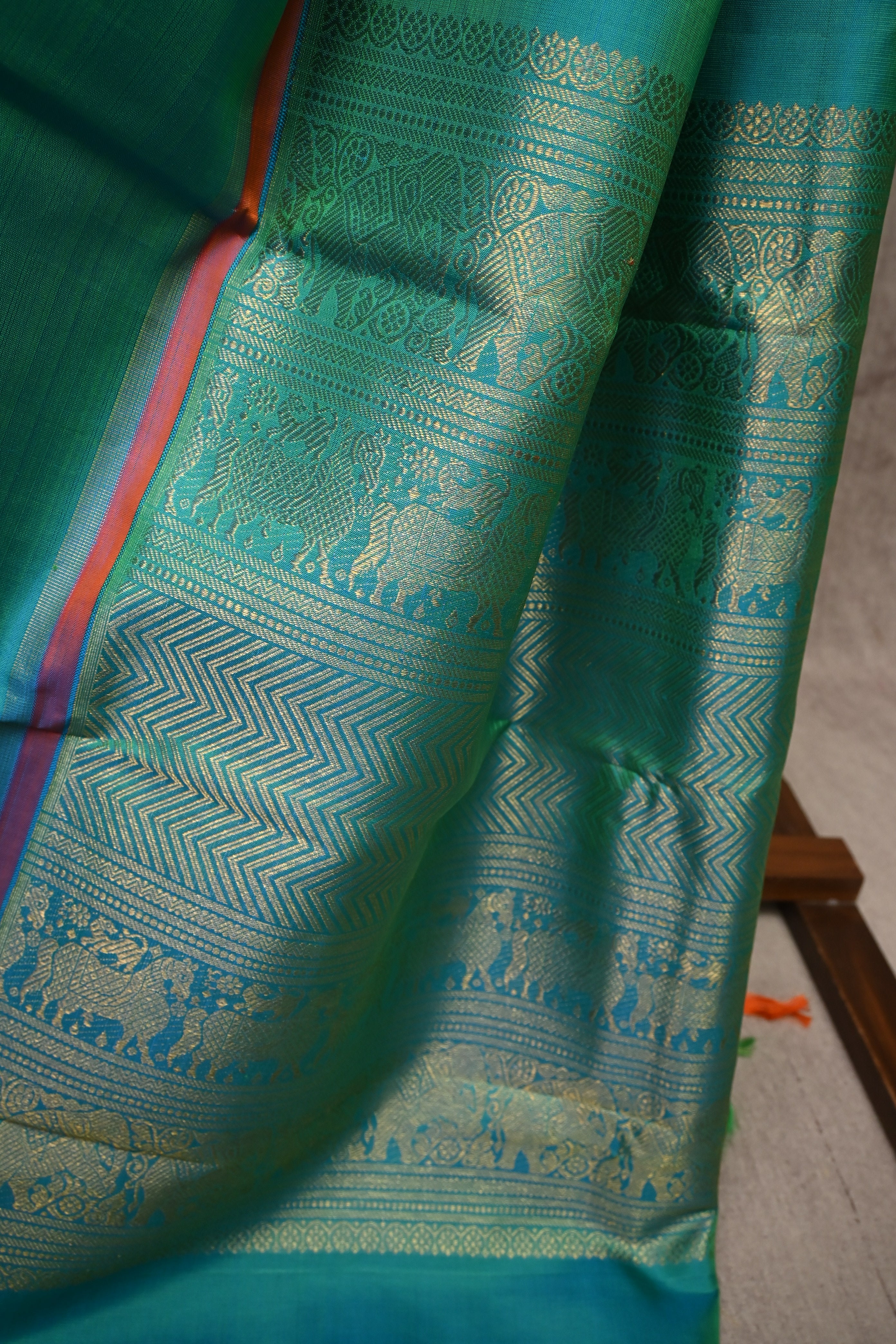 Red-Peacock Green Kanjeevaram Silk Saree