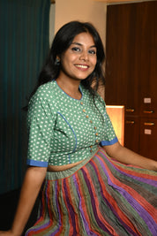 Boat Neck Parrot Green HBP Cotton Blouse With Blue Piping-SRBNPAS28