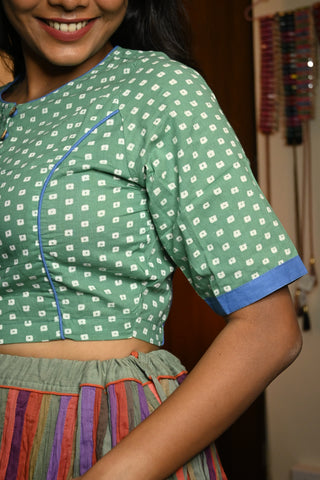 Boat Neck Parrot Green HBP Cotton Blouse With Blue Piping