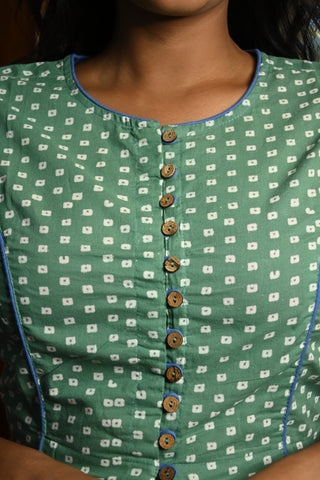 Boat Neck Parrot Green HBP Cotton Blouse With Blue Piping