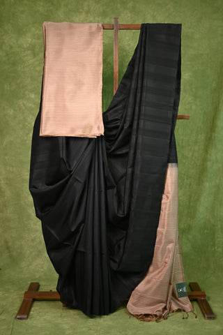 Black Raw Silk Saree With Beige Soft Silk Pallu- SRBRSS2
