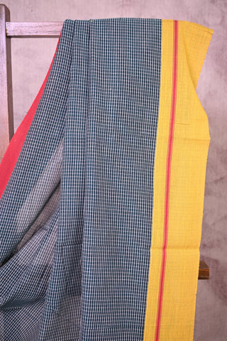 Bottle Green Small Checks Patteda Anchu Saree With Red Yellow Border