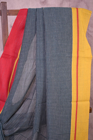 Bottle Green Small Checks Patteda Anchu Saree With Red Yellow Border