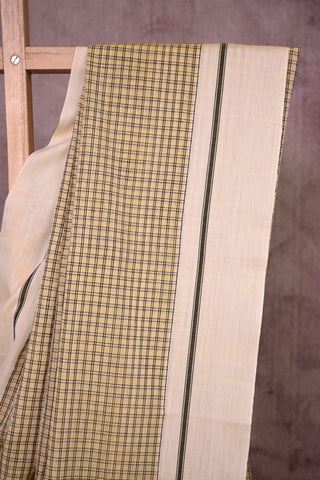 Pastel Yellow Cotton Patteda Anchu Saree With Double Lines Big Checks