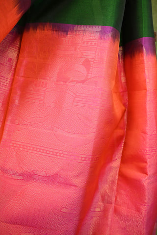 Bottle Green Soft Silk Saree With Banaras Ganga Ghat Print Pallu-SRBGSSS1