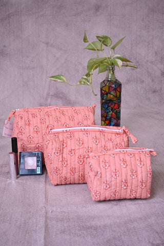 Peach Cotton HBP Pouches With Small Floral (Set Of 3)