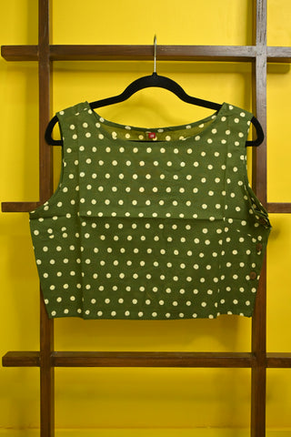 Olive Green HBP Cotton Sleevless Blouse With Polka Dot