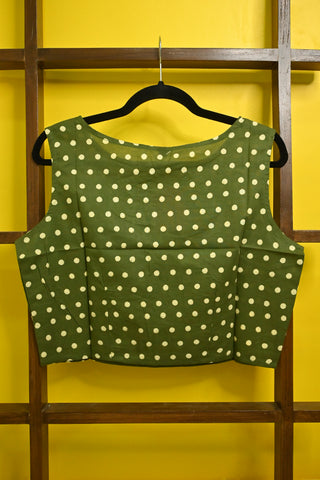 Olive Green HBP Cotton Sleevless Blouse With Polka Dot