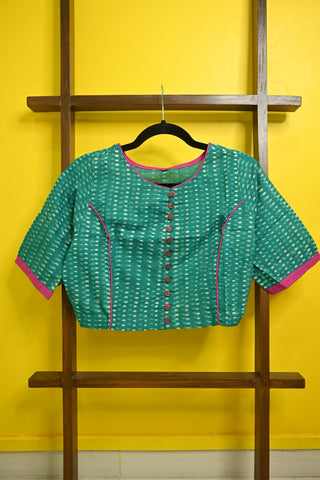 Green HBP Cotton Blouse With Pink Pipping