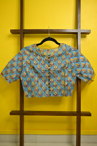 Sky Blue HBP Cotton Blouse With Yellow Pipping