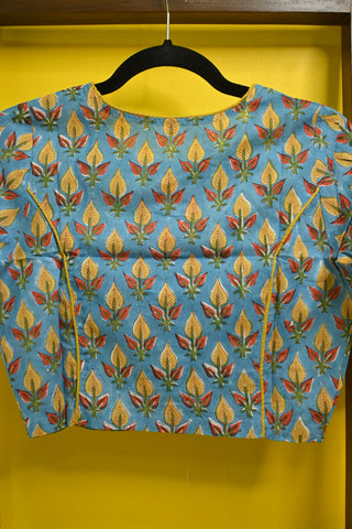 Sky Blue HBP Cotton Blouse With Yellow Pipping