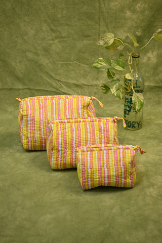 Yellow-Pink HBP Cotton Pouch (Set Of 3)-SRSYPCP16