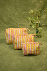 Yellow-Pink HBP Cotton Pouch (Set Of 3)-SRSYPCP16