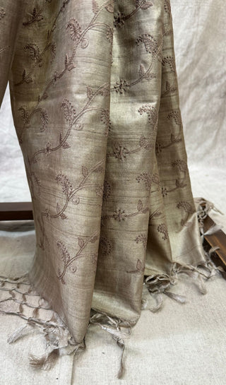 Pastel Brown Machine Embroidered Tussar Silk Saree-SRPBMETSS543