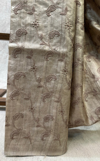 Pastel Brown Machine Embroidered Tussar Silk Saree-SRPBMETSS543