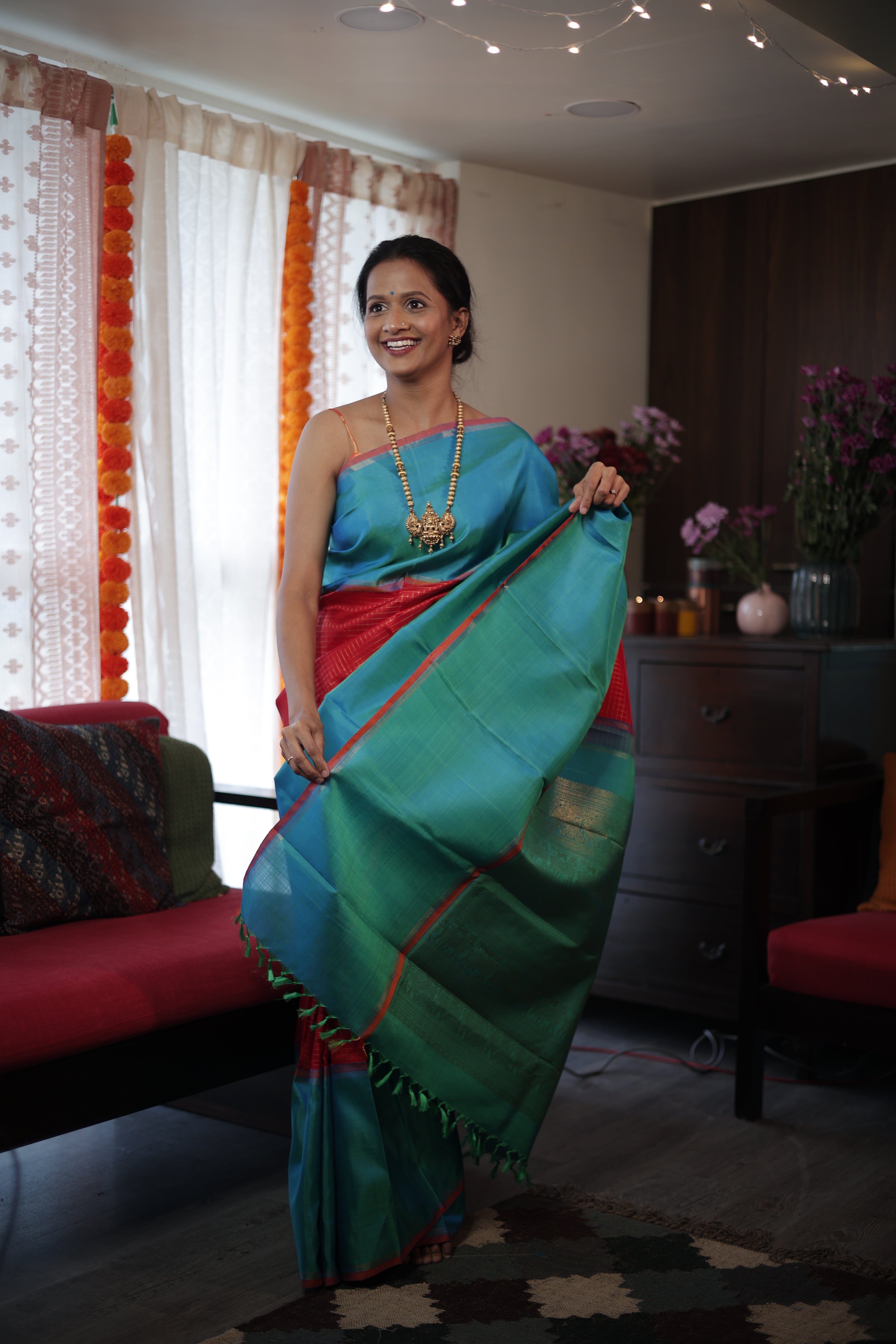 Red-Peacock Green Kanjeevaram Silk Saree