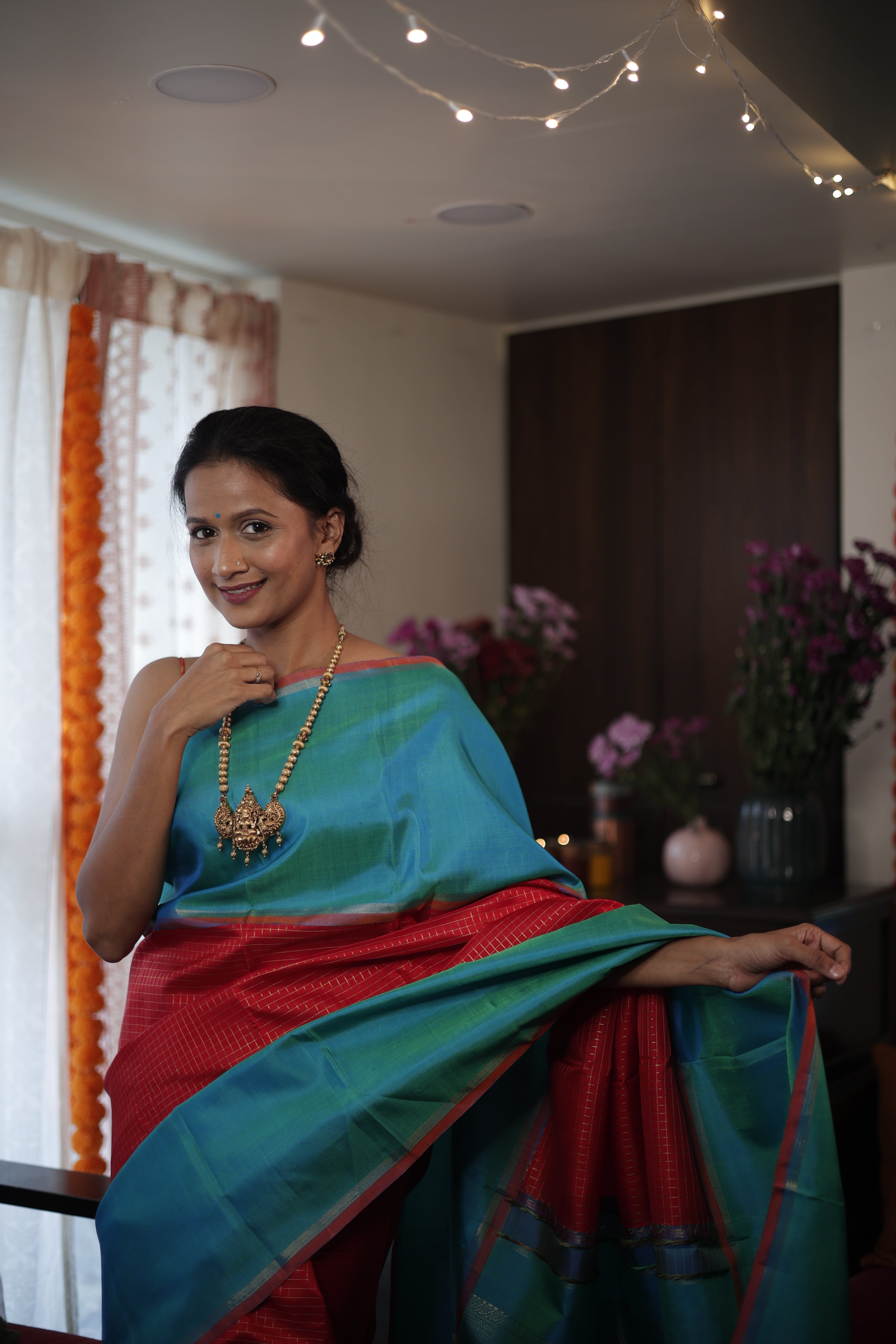 Red-Peacock Green Kanjeevaram Silk Saree