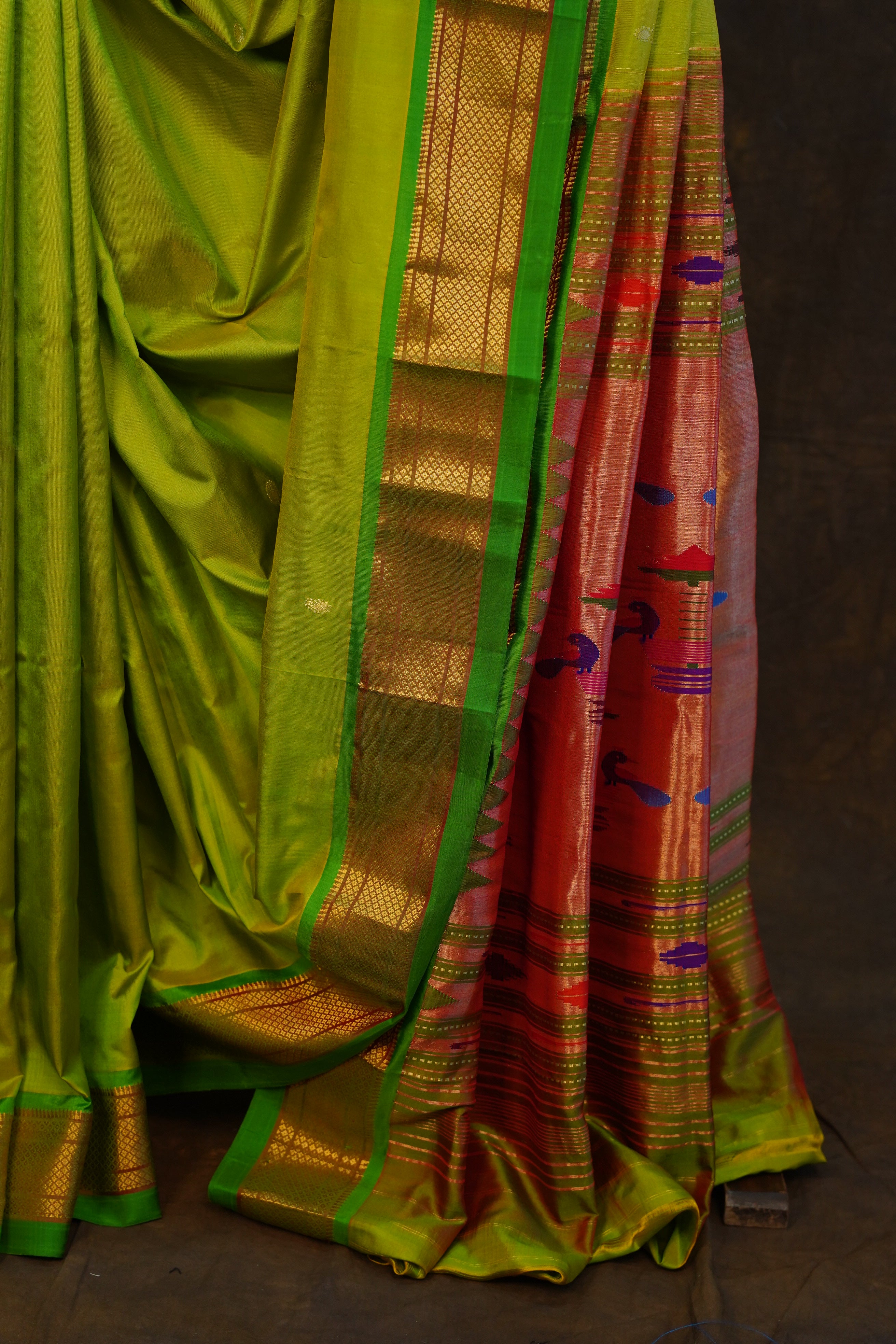 Parrot Green and Blue color Chenderi silk handloom saree with all over muni  buties with kanchi