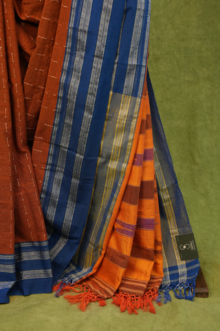 Rust Cotton Ilkal Saree With Stripes - SRRCIS106