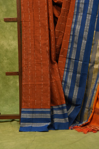 Rust Cotton Ilkal Saree With Stripes - SRRCIS106