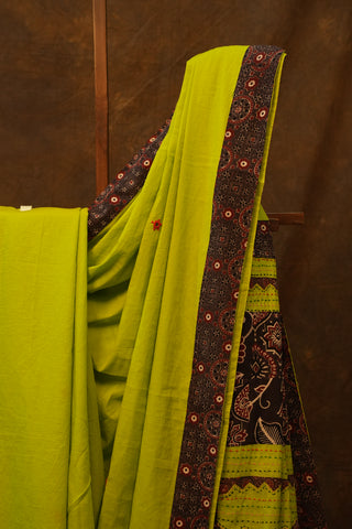 Neon Green Cotton Patchwork Saree-SRNGCPS44