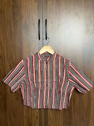 Red With Black Stripes Stand Collar HBP Cotton Blouse