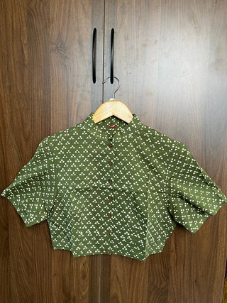 Olive Green Stand Collar HBP Cotton Blouse