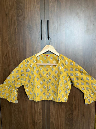 Yellow Leaf Print HBP Cotton Blouse With Ruffle Sleeves