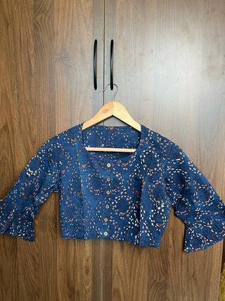 Navy Blue HBP Cotton Blouse With Ruffle Sleeve