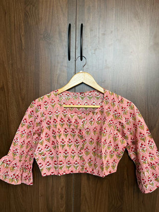 Pink Floral Print HBP Cotton Blouse With Ruffle Sleeve