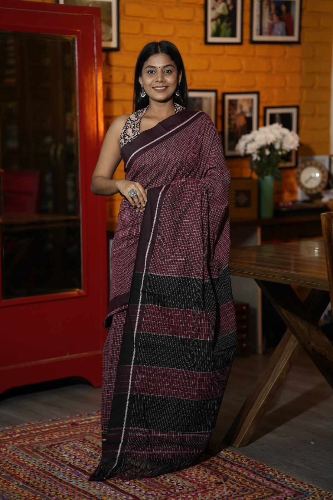 Maroon Cotton Patteda Anchu Saree With Big Checks - SRMCPAS3