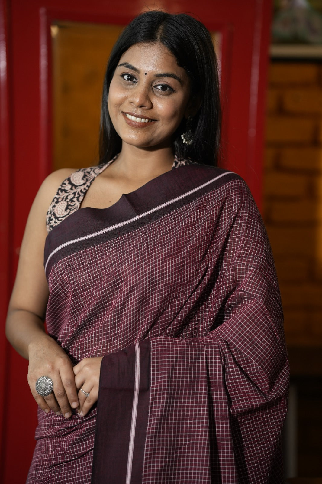 Maroon Cotton Patteda Anchu Saree With Big Checks - SRMCPAS3