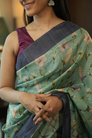 Sea Green Digital Print Tussar Silk Saree-SRSGTSS265