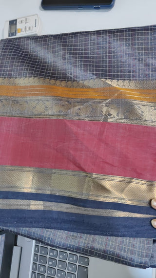 Blueish Grey Kanchi Silk Cotton Saree with Jari Border-SRBGKSCS23