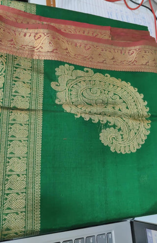 Green Kanchi Silk Cotton Saree with Jari Circle Pallu-SRGKSCS13