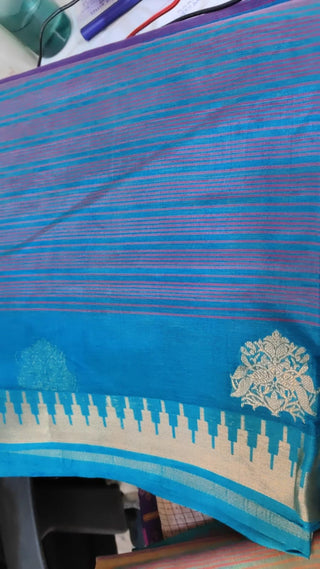 Peacock Blue Pink Kanchi Silk Cotton Saree with Jari Temple Border-SRPBPKSCS19