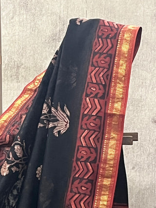 Black HBP Cotton Silk Saree With Maheshwari Border - SRBCSS726