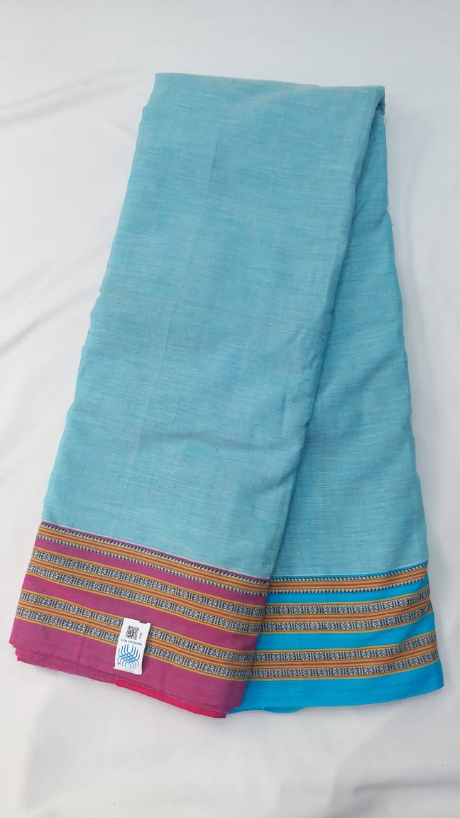 Sky Blue Plain Cotton Patteda Anchu Saree - SRSBPAS285