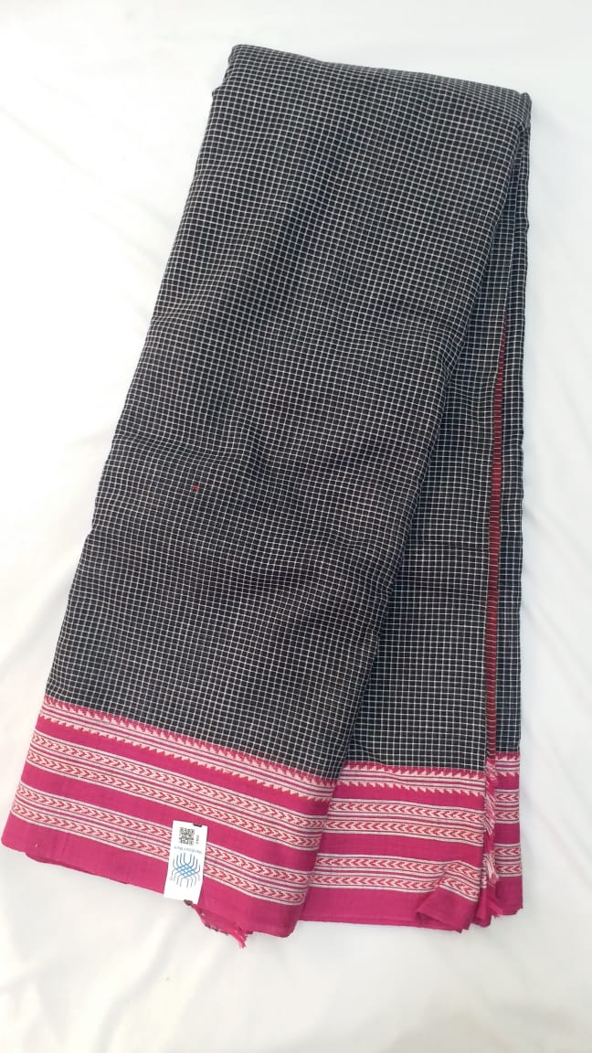 Black Small Checks Cotton Patteda Anchu Saree - SRBPAS289