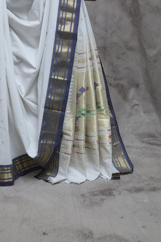 White Cotton Paithani Saree-SRWCPS223