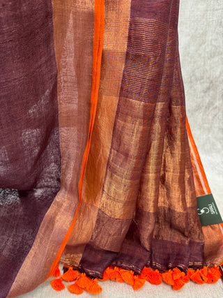 Wine Plain Linen Saree-SRWPLS101