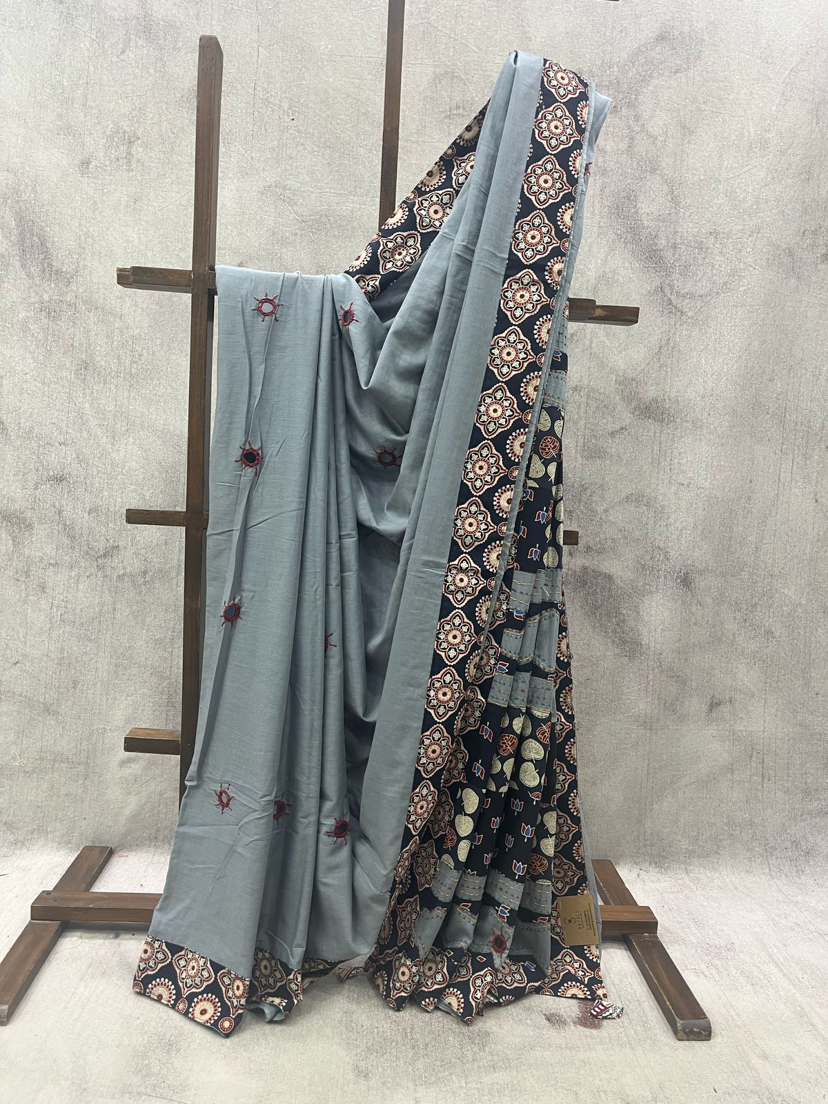 Grey Cotton Patchwork Saree-SRGCPS212