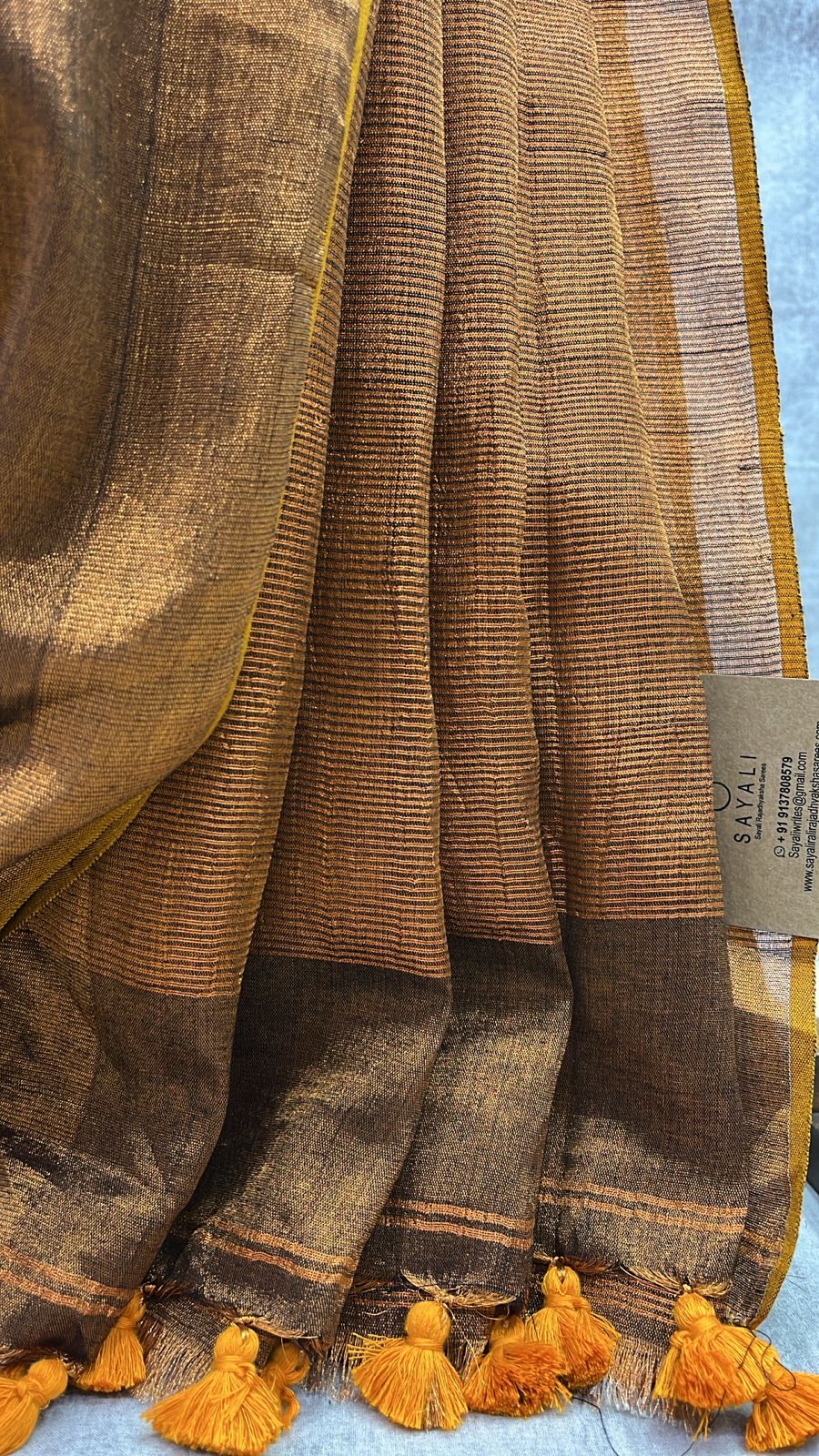 Brown Plain Tissue Linen Saree With Tassels-SRBPTLS226