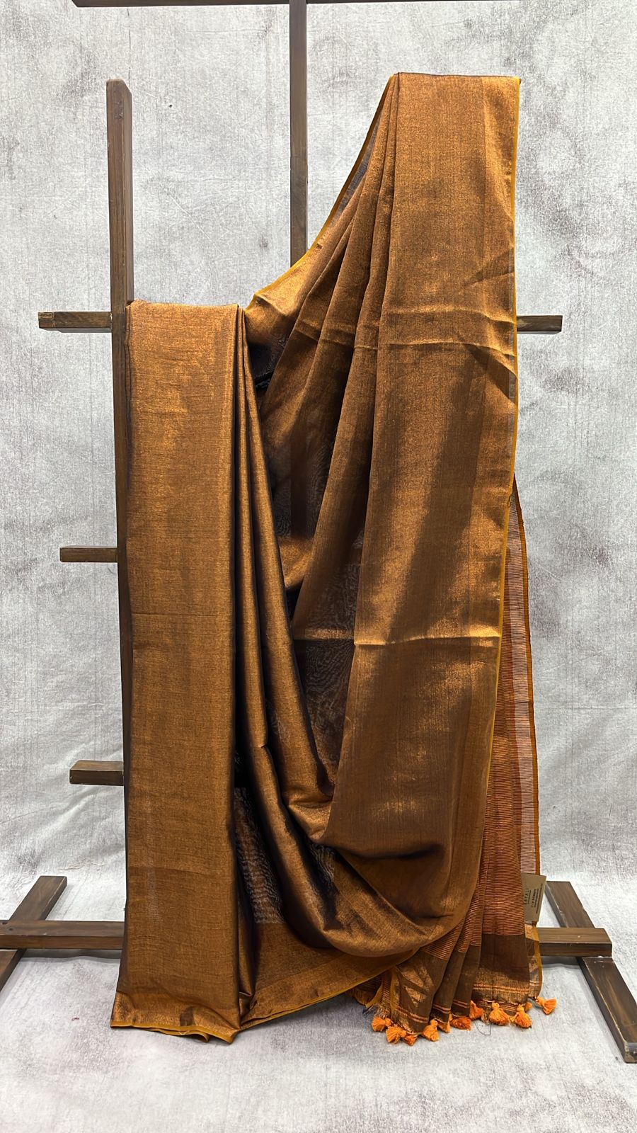 Brown Plain Tissue Linen Saree With Tassels-SRBPTLS226
