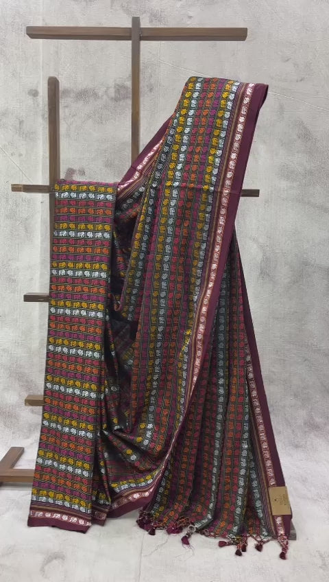 Black HathiMor Khun Saree With Maroon Border-SRBHMKS27EX