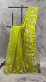 Neon Green Muslin Jamdani Saree- SRNGMJS09EX