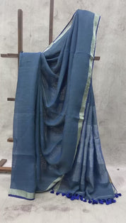 Blue Plain Linen Saree With Blue Tassels -SRBLS17EX