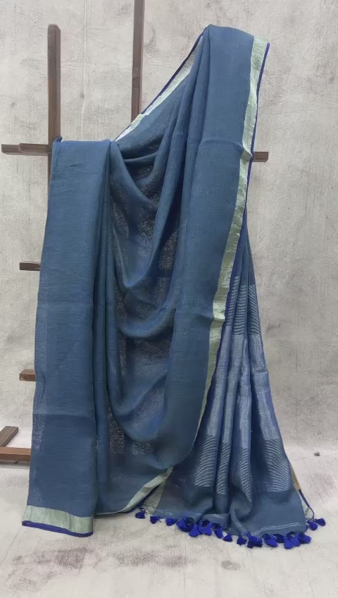 Blue Plain Linen Saree With Blue Tassels -SRBLS17EX